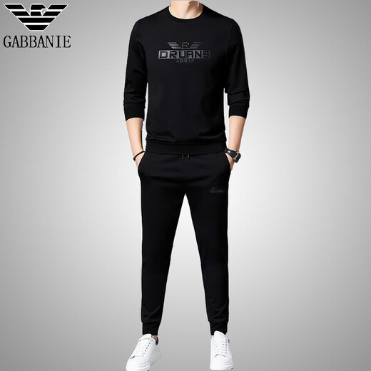 AX Armani Sports Suit Spring Men's Trendy Casual Two-piece Set Youth Mercerized Cotton Round Neck Long Sleeve Trendy Black 9320 M 165