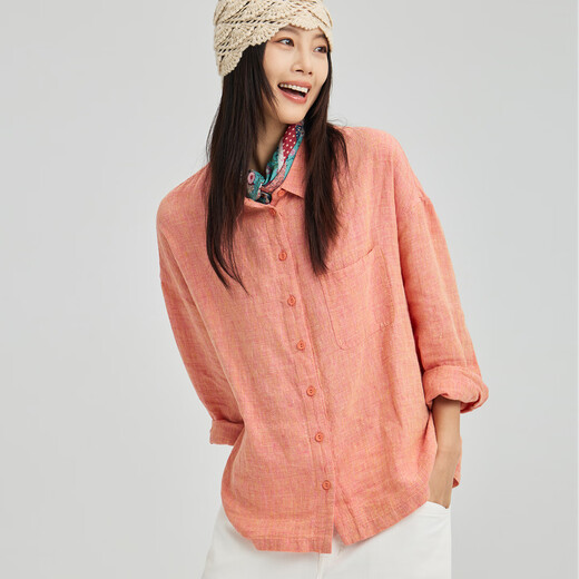 无色无味童趣伊甸园 25年秋冬新品休闲色织亚麻长袖 衬衫 女装 上衣 桔色 M （36）