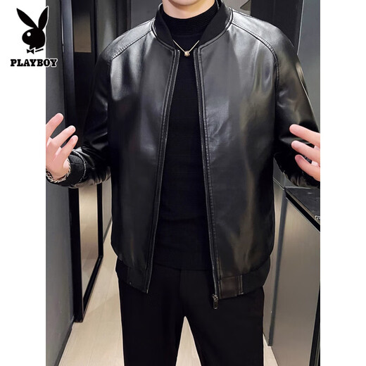 Playboy Baseball Collar Thickened Warm Leather Jacket Men's Slim Autumn and Winter Short Retro Youth and Middle-aged Leather Jacket Autumn and Winter Black Velvet Winter Velvet Thickened L Small