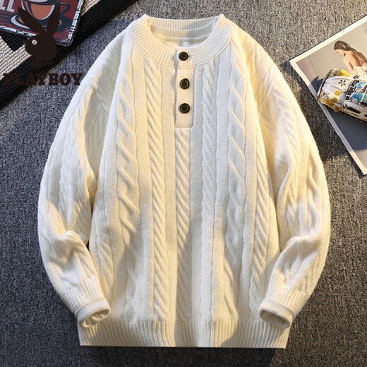 Playboy (PLAYBOY) Henry collar sweater men's autumn and winter twist pattern warm pullover bottoming shirt men's simple loose sweater white M
