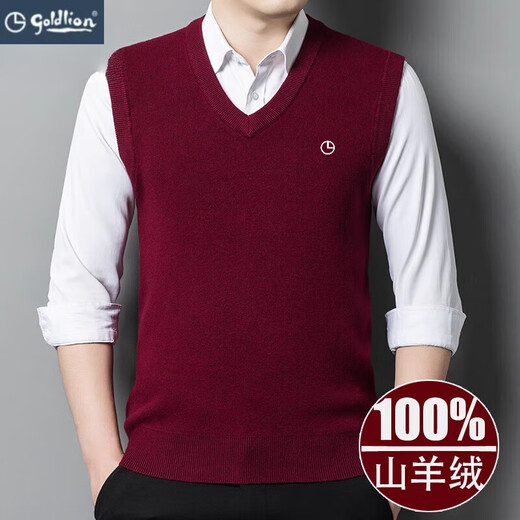 Goldlion Pure Cashmere Men's Thick Vest Autumn and Winter Sleeveless Vest Knitted V-Neck Wool Sweater (V-Neck Vest) Black L 170
