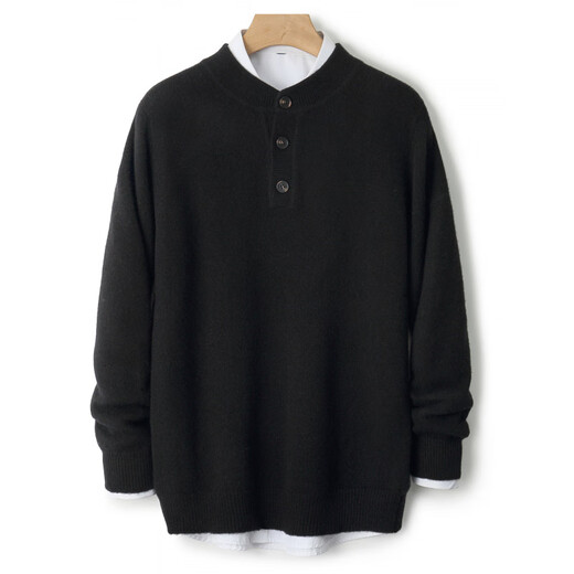 EMZ Ordos thickened Henry collar cardigan men's round neck half-buttoned autumn and winter bottoming shirt warm knitted top this blue S