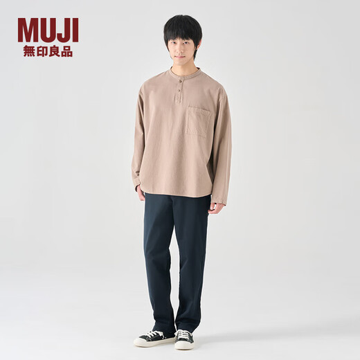 MUJI men's flannel henley collar shirt long-sleeved casual all-match shirt men's t-shirt AC08CC3A light gray brown M(170/92A)