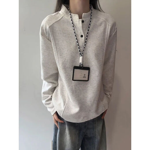 POLO shirt Henry collar long-sleeved t-shirt for men in autumn deconstructed splicing design right shoulder bottoming shirt spring and autumn sweatshirt CX81 black M