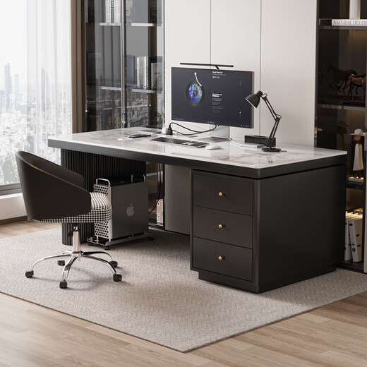 Verdainton Italian light luxury style computer desk bedroom student study table new home slate desk study office writing desk black feet + black cabinet + Chanel glossy 160*60*75 single table with desktop power strip + threading hole + host position