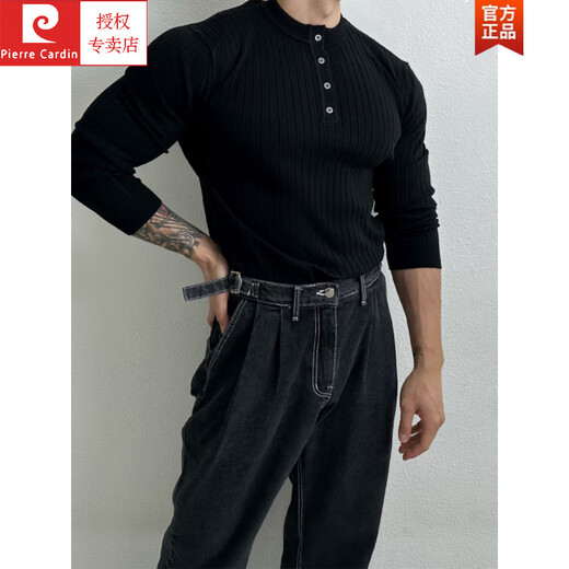 Pierre Cardin Henry collar long-sleeved sweater men's spring new American high-end muscular men's fitness all-match slim T-shirt Brown M 100Jin Jin is equal to 0.5 kg within