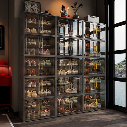 He Jiagong Shoe Box Storage Box Transparent Shoe Storage Artifact Shoe Cabinet Home Door Plastic Shoe Rack Imitation Acrylic Shoe Wall New Thickened 1 Column 10 Layers 20 Grids - Gray (Bottom Storage Boots)