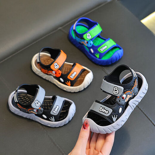 Children's Sandals Boys 2025 New Summer Kids Soft Sole Anti-Slip Baby 1 to 2 Boys and Girls Beach Shoes Gray Dinosaur 21 Size 21