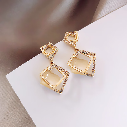 Idel Geometric Earrings Women's High-end Earrings 2025 New Trendy Korean Internet Celebrity Earrings Full Diamond Geometric Cat's Eye Earrings E1092
