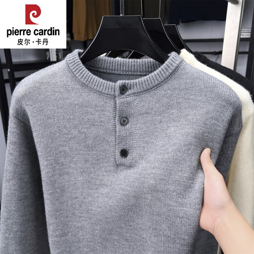 Pierre Cardin Henry collar sweater T-shirt men's long-sleeved autumn new jacquard inner layering shirt three-button round neck men's wool T-shirt black M 105