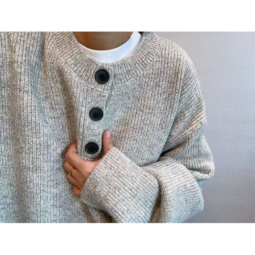 Kerimcoro Sweater Men's 2025 Autumn and Winter Henley Collar Button Retro Versatile Heavyweight Light Gray Lazy Style Knitted Sweater Gray XL