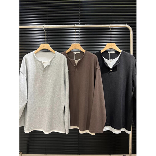 Funny Henry shirt fake two-piece fake two-piece v-neck long-sleeved T-shirt men's summer thin lazy Korean handsome sweatshirt niche light gray M