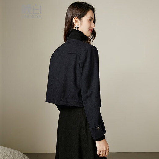 Late White New Product 2025 Autumn and Winter Fashion Simple Casual Jacket Round Neck Wool Temperament Short Jacket for Women Dark Blue M