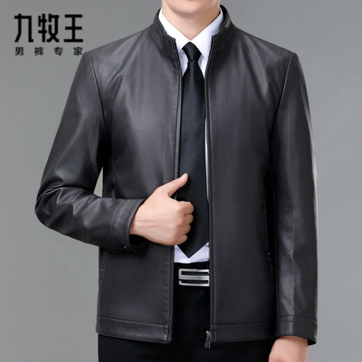 Jiumuwang Genuine Leather Jacket Men's Middle-aged Dad Sheepskin Jacket Autumn Casual Men's Short Stand Collar Leather Jacket 8117 Gray Single Leather M 170/48