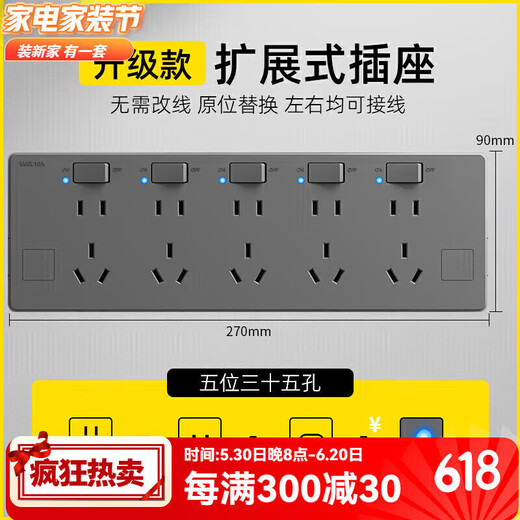 Bull (BULL) Bull (BULL) same style expansion socket replaces the 86 type concealed-mounted to surface-mounted multi-functional LED strip extension gray five-position 35-hole with LED indicator light