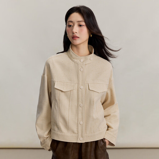 INMAN Retro Barn Style Stand Collar Short Jacket Women's 2025 Autumn Loose Fashionable Versatile Work Jacket Top Warm Apricot S