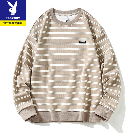 Playboy's new sweatshirt men's spring, autumn and winter round neck versatile slim fit plus velvet high-end striped men's long-sleeved T-shirt bottoming shirt 3376-black spring and autumn style XL recommended 130-145Jin Jin equals 0.5 kg