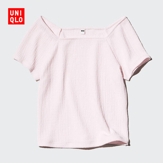 Uniqlo Women's Textured Square Neck T-Shirt/Short Sleeve Slimming 479585 10 Water Pink S/155/80A