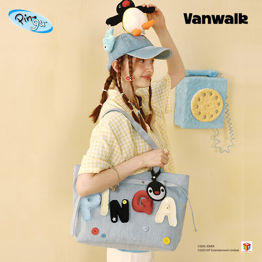 VANWALK Pingu New Girls Large Capacity Denim Handheld Tote Bag Daily Outing Shoulder Bucket Bag Denim Blue