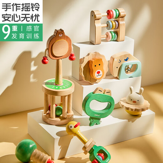 imikids新生婴儿手摇铃宝宝抓握训练益智早教玩具0到3个月1岁木质 拳击熊