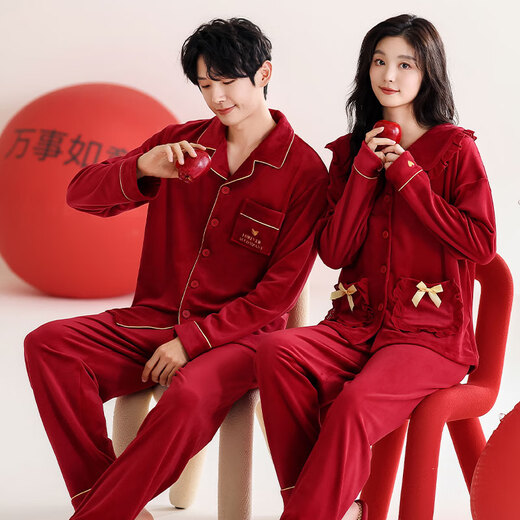 Yalu Couple Pajamas Red Suit Newlywed Men and Women Married in the Year of the Zodiac in Winter Island Velvet Plus Velvet Autumn and Winter Small People