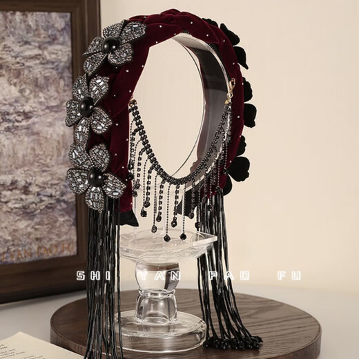 Mist-added Donggong headband wide-brimmed hair seam three-dimensional flower braided velvet hair accessory tassel sparkling diamond exotic style pressed headband Donggong black