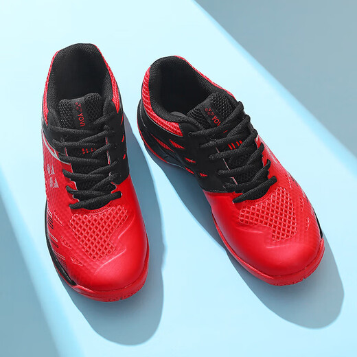 2025 new badminton training shoes for men and women, wear-resistant shock-absorbing mesh, breathable tennis sports professional competition shoes, black and red 41