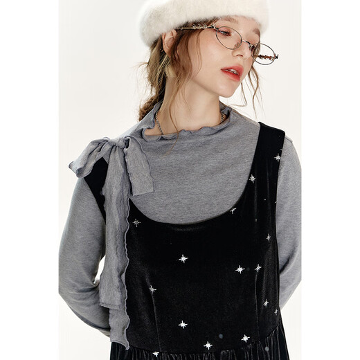 Fairy's Pocket Bright Silk Chenille Dress Bottoming Shirt Two-piece Set Women's 2025 Autumn and Winter New Style Beautiful Suit Temperament Black S