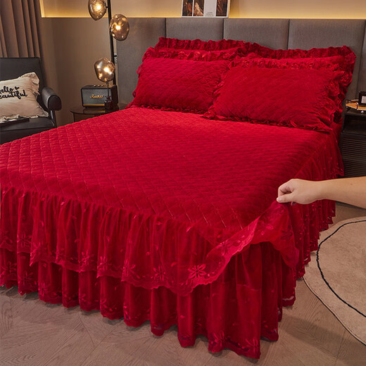 Fantasy thickened high-end baby velvet quilted bed skirt single piece red high-end lace autumn and winter Shengshi Landai-big red high-end baby velvet thickened and warm 180cmx200cm single piece bed skirt