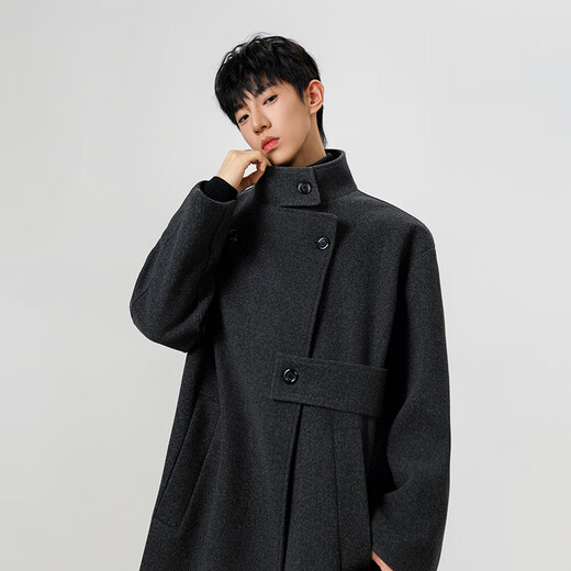 JEEP SPIRIT Jeep woolen coat men's trendy autumn and winter thickened warm mid-length men's casual coat windbreaker dark gray L