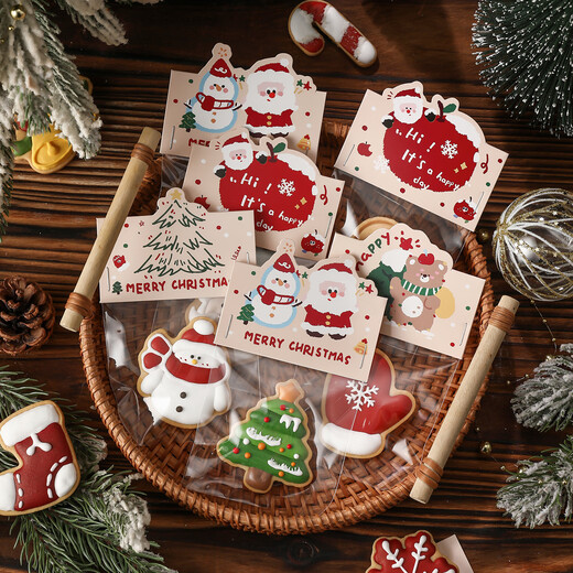 Bad Fox Christmas Cookie Packaging Bag Card Transparent Cookie Snowflake Crispy Glutinous Rice Boat Candy Snack Packing Bag 100 Sets Apple Bear + Flat Pocket