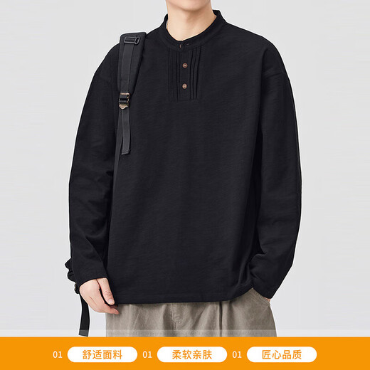 Queli Henry collared long-sleeved T-shirt for men, autumn trendy pure cotton top, American loose inner layering shirt for men, dark gray M