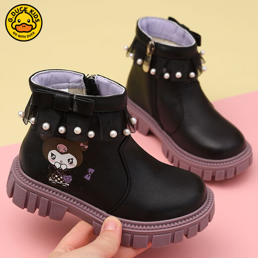 G.duck Little Yellow Duck Girls Short Boots Genuine Leather Children's Martin Boots 2025 Autumn and Winter New Kuromi Children's Shoes Plus Velvet Second Cotton Boots Black Single Boot + Soft Genuine Leather + Light Soft Sole + Kuromi Bow 33 Inner Length Approximately 21.1cm