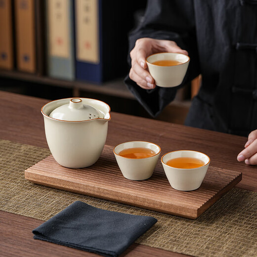 Ru Kiln Travel Tea Set One Pot Three Cups Convenient Outdoor Camping Teapot Teacup Holiday Souvenir Ru Kiln Yellow-Quick One Pot Three Cups + Small Gray Bag