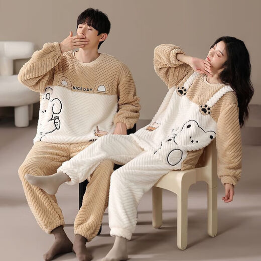 Victoria's style couple's pajamas winter coral velvet thickened and warm one man and one woman cartoon cute home wear outer suit LN9018 M women's + men's L