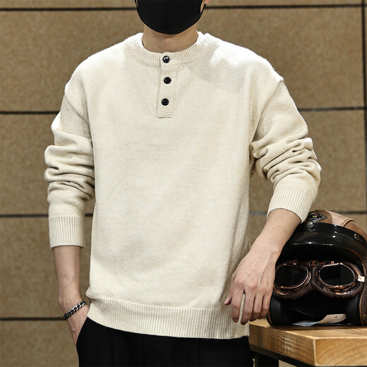 Fat Brother American Simple Henry Collar Sweater Men's Autumn and Winter Loose Lazy Warm Jacket Half-Open Knitted Sweater Top Apricot M Weight 100-130Jin Jin is equal to 0.5 kg