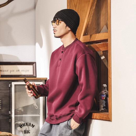 Jay Leno American retro heavyweight Henry collar sweatshirt men's spring and autumn 2025 new loose autumn and winter large size casual polo shirt maroon regular L suitable for 120-140Jin Jin equals 0.5 kg