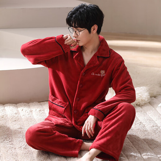 Fenton Pajamas Wedding Newlyweds Couple Set Red Winter Coral Velvet Men's and Women's Exquisite Autumn and Winter Flannel Couple Pajamas MX6620 Female 2XL