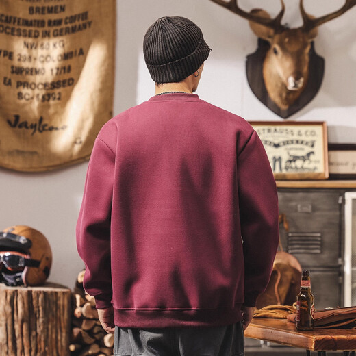 Jay Leno American retro heavyweight Henry collar sweatshirt men's spring and autumn 2025 new loose autumn and winter large size casual polo shirt maroon regular L suitable for 120-140Jin Jin equals 0.5 kg