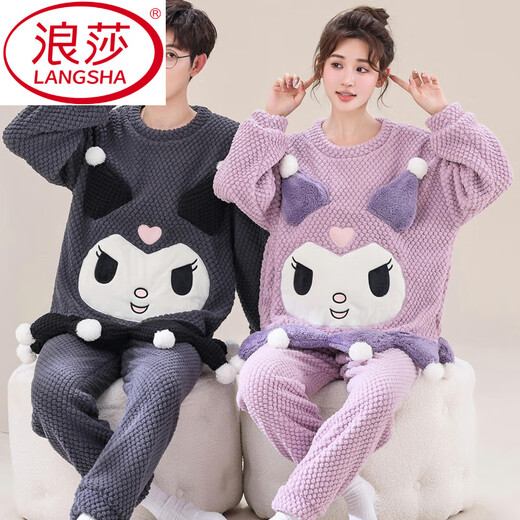 LangSha buy one get one free couple pajamas for women autumn and winter coral velvet thickened cute cartoon large size men's home wear set velvet Kurome M female + male L