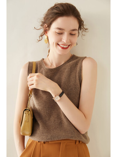 SENLIYA international light luxury high-end cashmere vest women's knitted round neck short sweater cashmere inner jacket base green velvet rice S