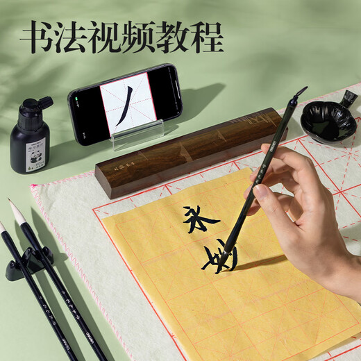 Deli Panda Student Study Calligraphy Set Study Four Treasures Writing Brush Inkstone Rice Paper Beginner's Beginner's Introductory Copying Calligraphy Storage Box 16-piece Set New Year's Day Christmas Gift