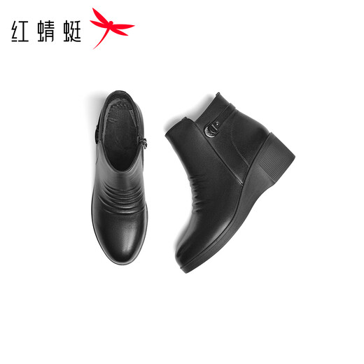Red Dragonfly wedge heel mom boots 25 winter women's shoes cowhide plus velvet warm leather shoes for middle-aged and elderly women's short boots WJC45631 black 40
