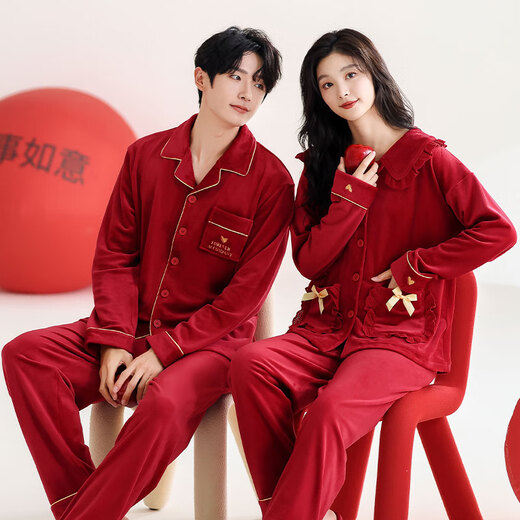 Yalu Couple Pajamas Red Suit Newlywed Men and Women Married in the Year of the Zodiac in Winter Island Velvet Plus Velvet Autumn and Winter Small People