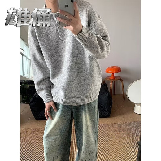 Male figure gray henley collar sweater men's autumn and winter trendy brand lazy style knitted sweater cleanfit bottoming shirt GT6 light gray regular XL