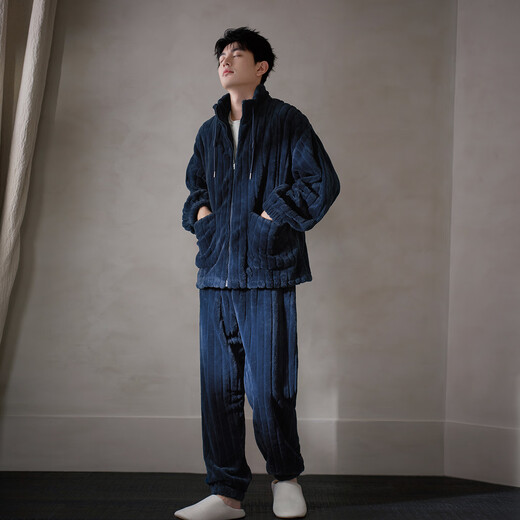 Mrs. Slee Sleep TIGHT pajamas couple wear for one man and one woman winter coral velvet thickened velvet zipper simple warm wearable home clothes QHR96122-Men's L