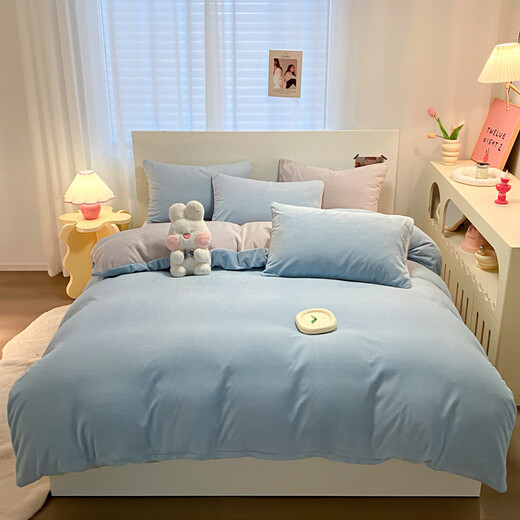 Antarctic quilt core + milk velvet four-piece set + pillow core Winter dormitory bedding and quilt complete set six-eight-piece set Baby blue + light gray 1.8m bed sheet seven-piece set = four-piece set + 6 Jin Jin equals 0.5 kg Quilt + pillow core 2 pieces