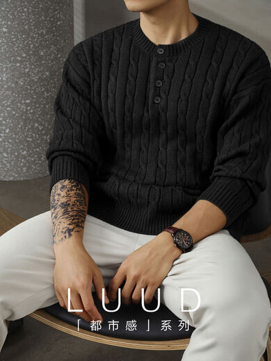 LUUD light luxury Henley collar black sweater men's twist texture high elastic core-spun yarn sweater black S S95-110Jin Jin equals 0.5 kg