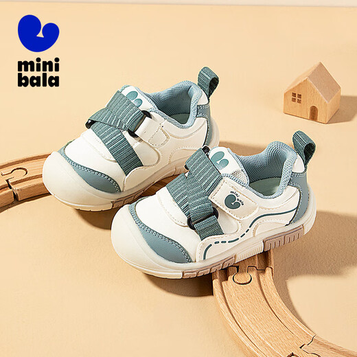Minibala children's shoes, children's toddler shoes, autumn new baby lightweight and comfortable casual soft-soled non-slip functional shoes for boys and girls, white and green, size 21, suitable for feet length 13.0-13.5cm
