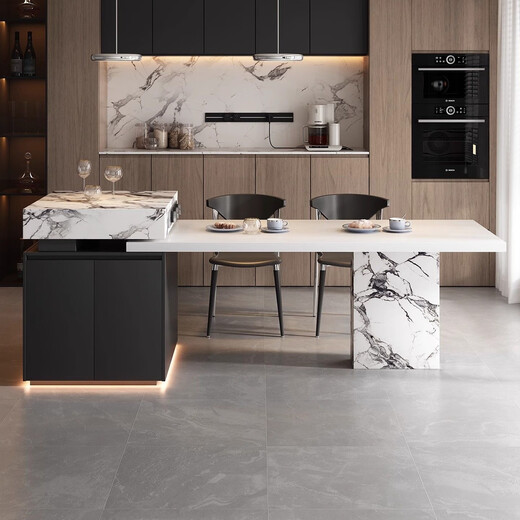 Italian minimalist high-end island dining table integrated retractable high-end slate large-sized medium-sized kitchen countertop island dining table + flat version (track socket) 2 meters one table and four chairs (Eames chair)